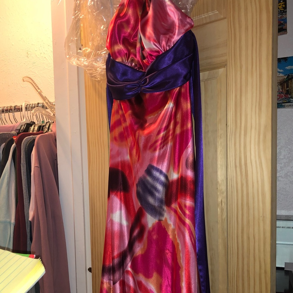 Long satin backless dress with neck straps